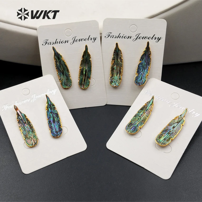 

WT-E355 Wholesale Custom Elegant Natural Abalone Shell Feather Earrings Green Earring For Women Fashion WKT Jewelry Marking