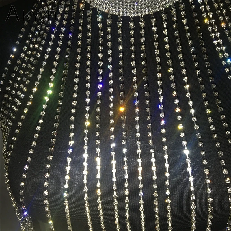 AKYZO 2025 Fashion Rhinestone Tassel Long Tank Tops Women Sexy Luxury Hollow Out Turtleneck Nightclub Party Show Carzy Top