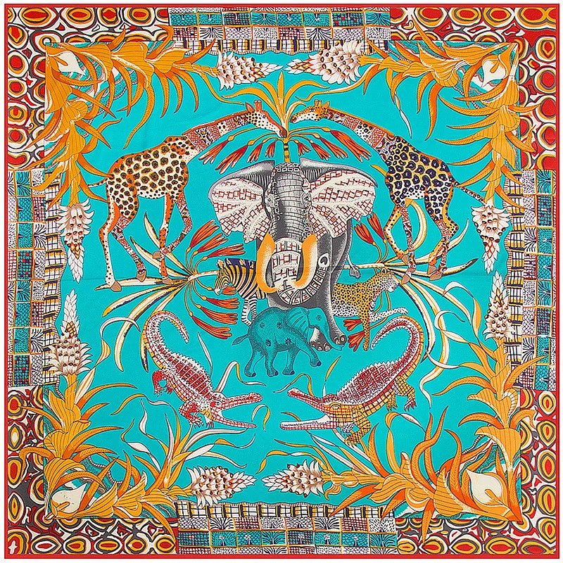 130cm Square Scarf 2023 Brand Women Twill Silk Scarf Animal Elephant Leopard Giraffe Print Large Square Scarves Foulard Scarf
