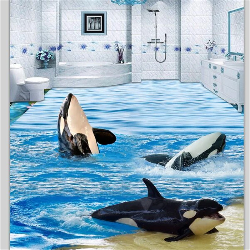 

beibehang Custom floor painting 3D dolphins spray waves 3D living room self-adhesive flooring tiles to paint papel de parede