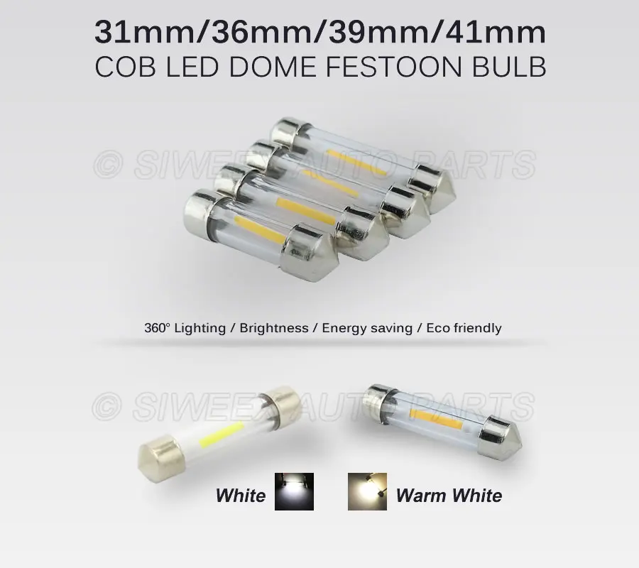 2 Pcs 31MM 36MM 39MM 41MM Car LED Dome Festoon Lights Indicator Bulb Reading Map License Plate Lamp DC 12V White Warm White