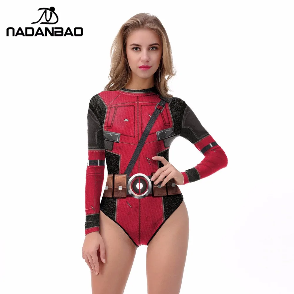 NADANBAO One Piece Swimsuit 3D Printing Long Sleeve Zippered Surfing Deadpool Sexy Bathing Suit Women De Bano Women Swim Suit