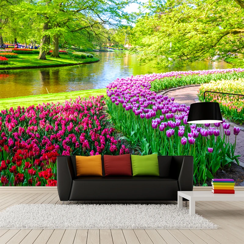 Personalizado 3D Tulip Parede Grande Mural Cenário Natural Fresco Pano Fresco Sala de estar Sofá TV Fundo Da Parede de Casa Decoração Da Parede