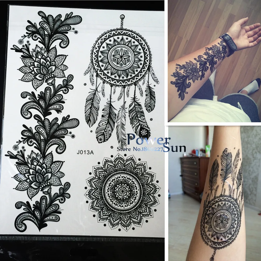 Autocollant de tatouage temporaire, 1 pièce, attrape-rêves indien, grande fleur de soleil, henné, style plume Mehndi noire, résistant à l'eau, PBJ013A