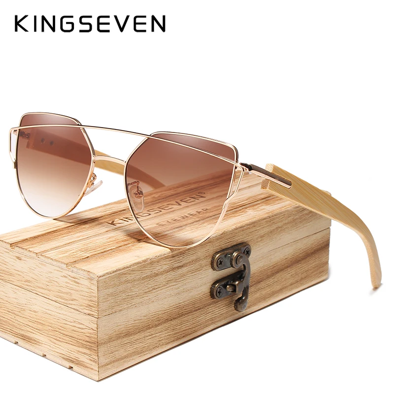 Original KINGSEVEN Brand Bamboo Cat Eye Sunglasses Polarized Metal Frame Wood Glasses Women Luxury Sun Glasses With Wood Case