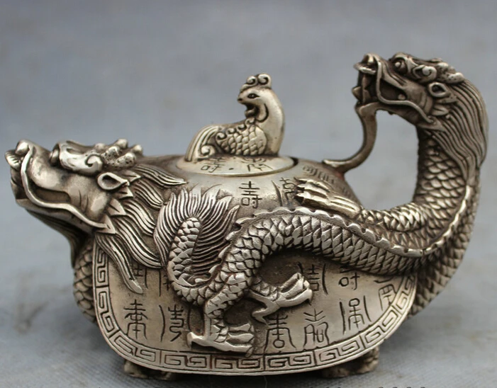 song voge gem S2548 Chinese Silver Longevity Shou Dragon Turtle Phoenix Statue Incense Burner Censer