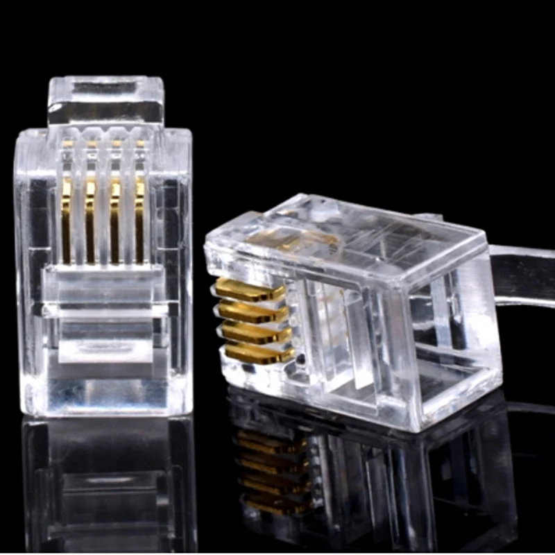 100PCS 4P4C 4 Pins 4 Contacts RJ11 Telephone Modular Plug Jack RJ11 Connector Crystal Head Ethernet Cable Plugs Heads