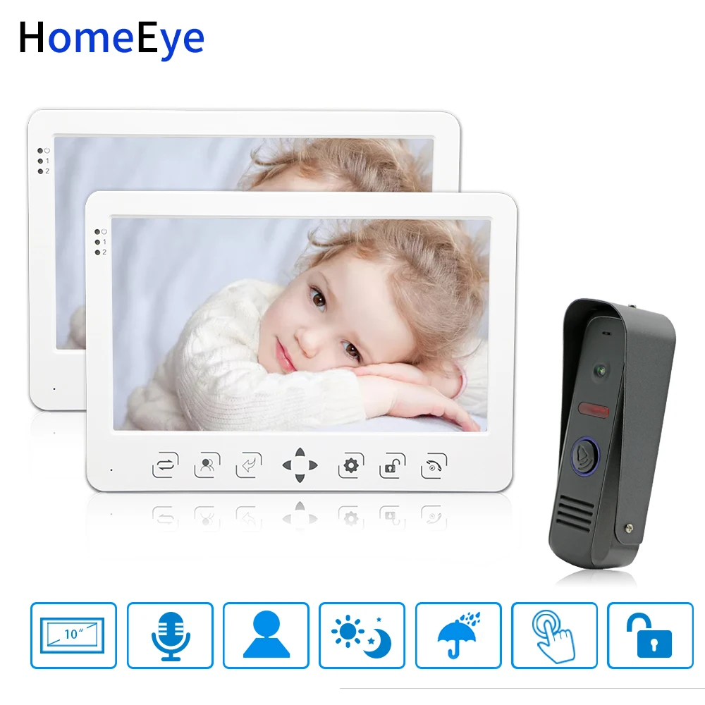 

HomeEye 10 inch Video Door Phone Video Intercom Doorbell Voice Message Rainproof Video Record Unlock Door 1-2 Home Access System