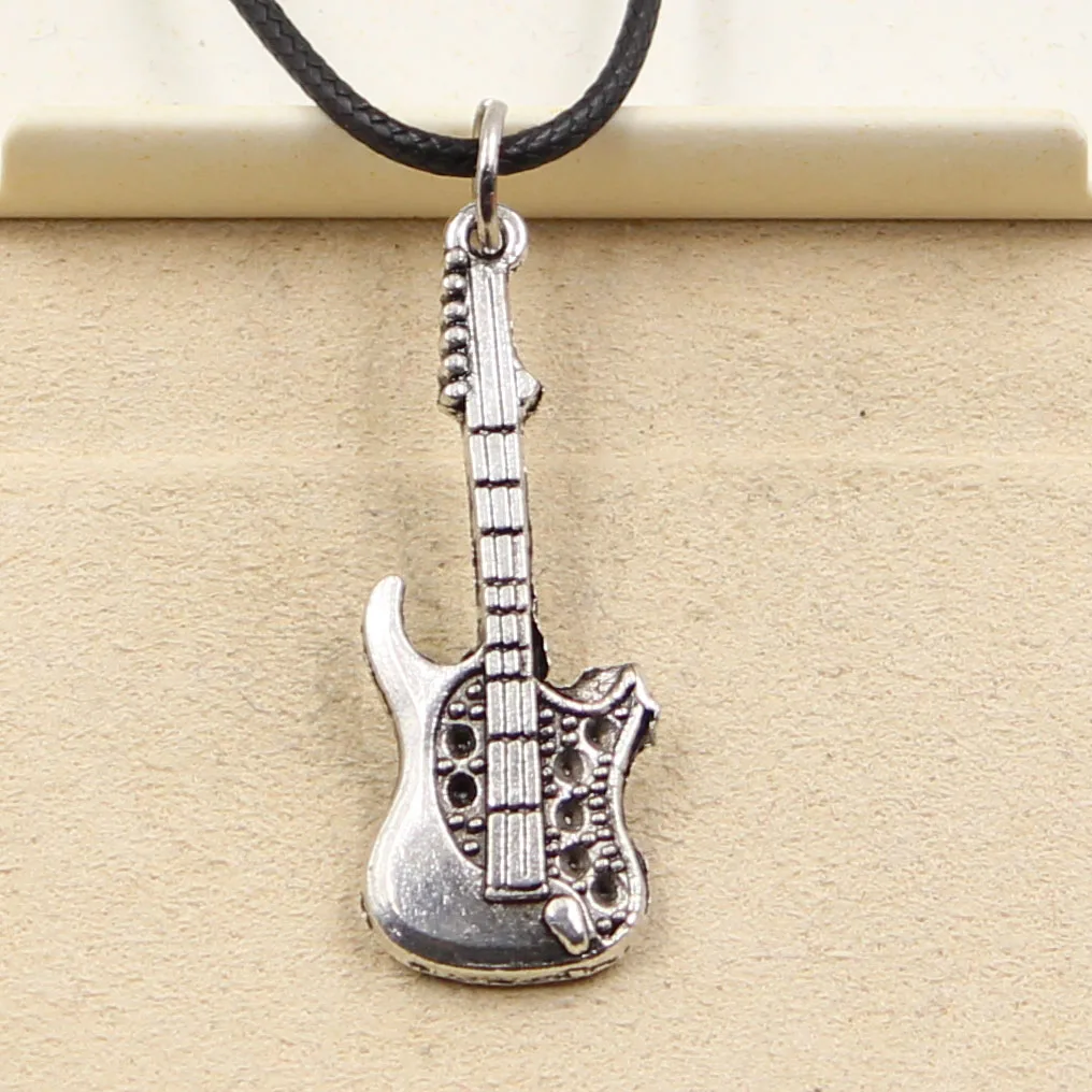 New Fashion Tibetan Silver Color Pendant Guitar Necklace Choker Charm Black Leather Cord Factory Price Handmade Jewelry