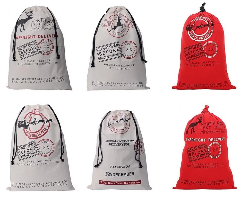 5pcs Santa Sack Bag Christmas Stocking Jute Gift Wrap Canvas Cotton Drawstring Pouch XMAS White Red Green