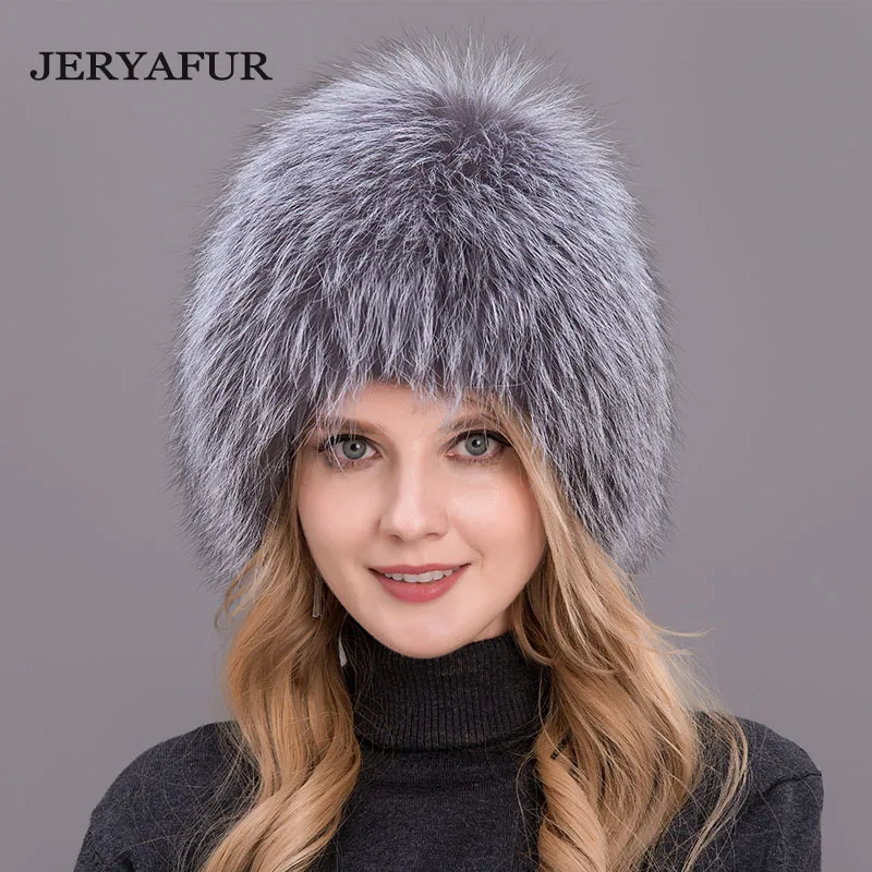 JERYAFUR  NEW Bomer Caps Women Winter Fur Hat Genuine Fox Fur Hats Knitted Silver Fox Fur Caps Female