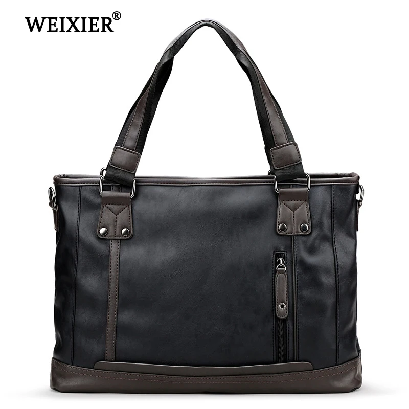 Solid Color PU Men\'s Zipper Handbag Business People Travel Fashion Retro Style Computer Bag High Quality Design Handbag