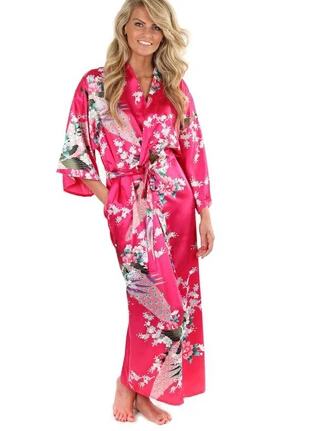 2015 Silk Bathrobe Women Satin Kimono Robes For Women Floral Robes Bridesmaids Long Kimono Robe Bride Silk Robe Dressing Gown