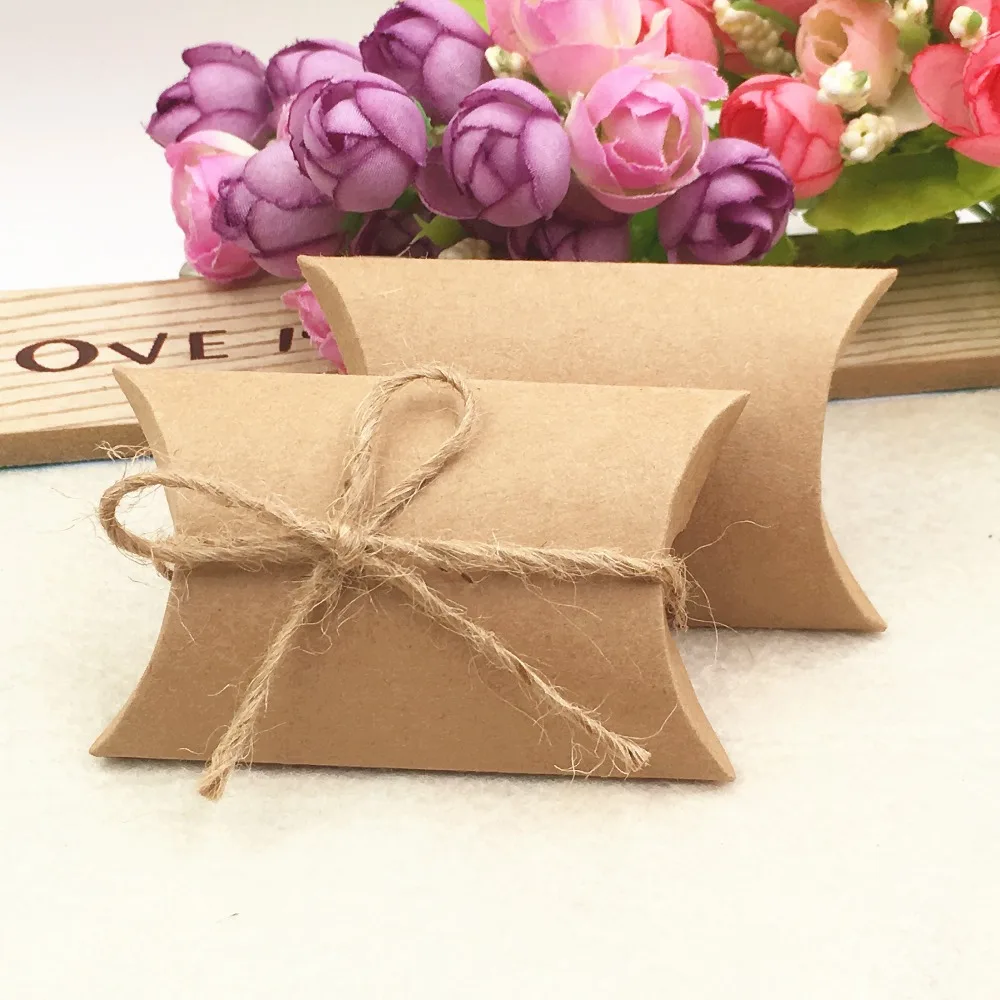 25Pcs Natural Brown Paper Pillow Pouch Jewelry Box With Hot Stamping Golden Thank You Heart Stickers Hemp Rope Strings 8x5.5x2cm