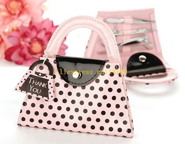 50sets/lot Free Shipping Bridal Shower Favors Pedicure Set Pink Polka Dot Purse Manicure Set Wedding Party Gift Favors