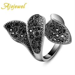 Ajojewel Vintage Three Leaves Retro Ring Women Black Rhinestones Ladies Jewelry Special Gift Bague