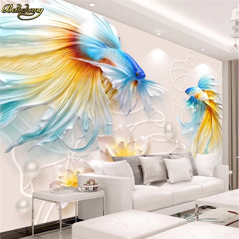 

beibehang Fish lotus jewelry Custom 3D Wall Wallpaper photo Mural Embossed wall papers home decor Home Improvement wall paper