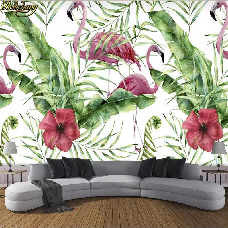 beibehang wallpapers for living room Custom 3d wallpaper hand drawn tropical plants flamingo background wall papel de parede