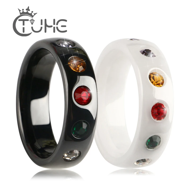 7 Chakra Colorful Rings For Women Bling Colorful Crystal Black White Ceramic Rings Conspicuous Personality Jewelry Party Gift