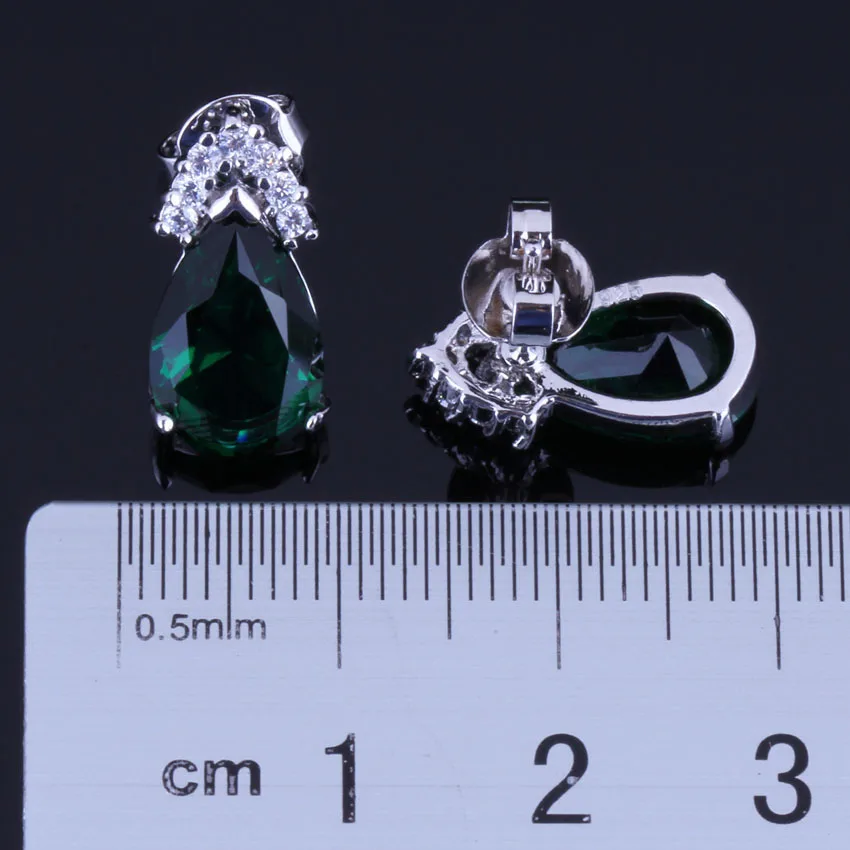 Superb Water Drop Green Cubic Zirconia White CZ Silver Plated Stud Earrings V0393