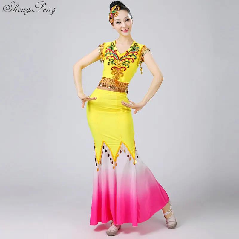 Chinese Folk Dance Dress Sequins Belly Dance Costume Peacock Dai Fish Tail Leotard Dancewear 4XL Q365