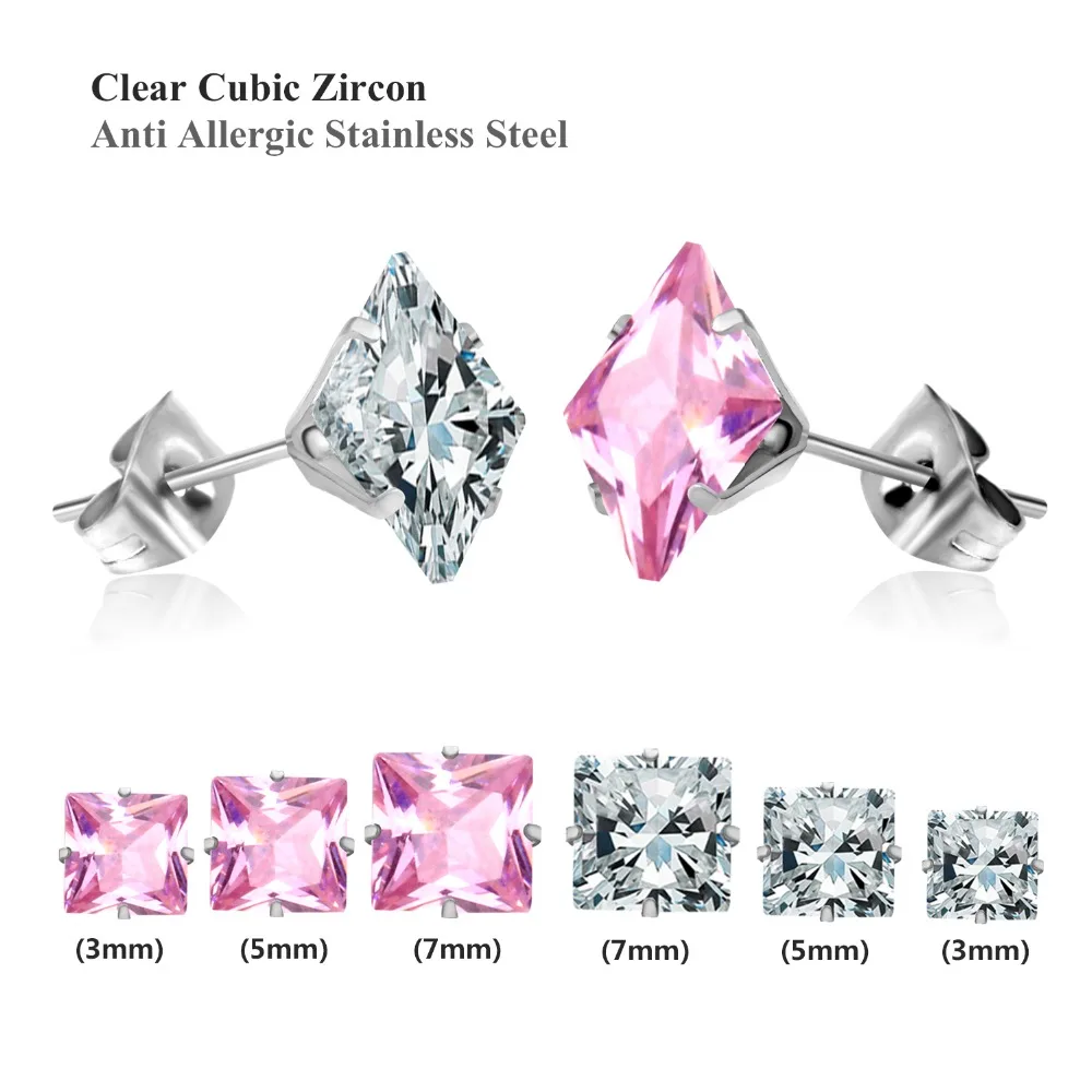 LUXUSTEEL Mixed Color Size 3mm/5mm/7mm Round/Geometry Cubic Zirconia Stud Earrings Stainless Steel 6pair/Boxes Earring Sets