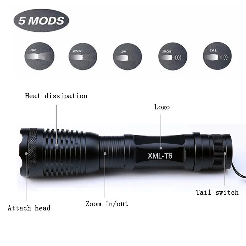 CREE XM-L2 T6 Super Tactical Flashlight 10000 Lumens 6000 Lumens Set with Rechargeable 18650 Battery Retractable Flashlight