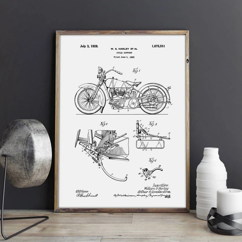 دراجة نارية براءات خمر مخطط المشارك يطبع دراجة نارية الفني العلوم الرسم على لوحات القماش الجدارية هدية ديكور غرفة المنزل