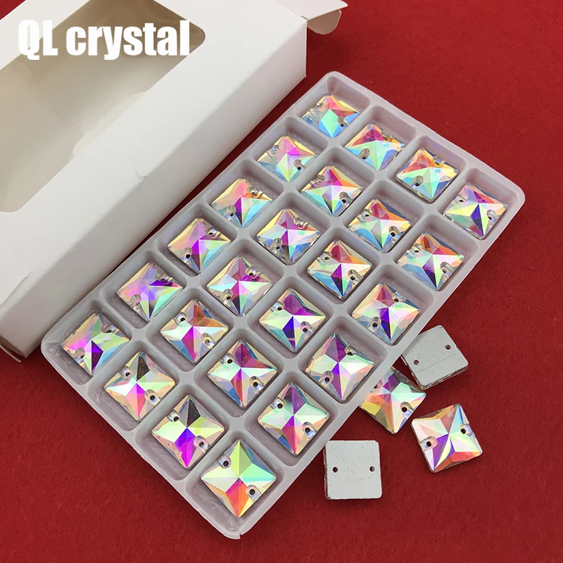 QLcrystal popular AB Square Sew on Rhinestones Glass Crystal 8,10,12,14,16,22mm Flatback sew-on stone Beads Dress Craft Supplies