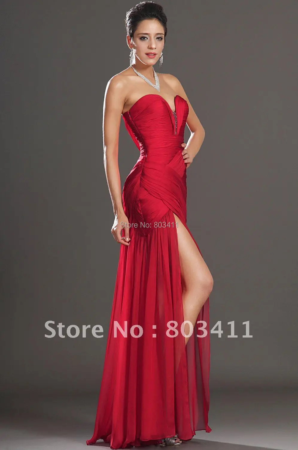 New Sexy High Slit Sweep Train Red Chiffon Evening Dress