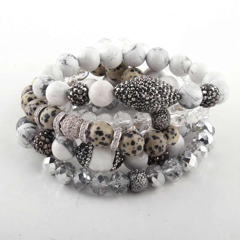 Fashion Beautiful 5pc set Gray/White/Black Bracelet Set Natural Stone & Glass Crystal Pave Bracelets