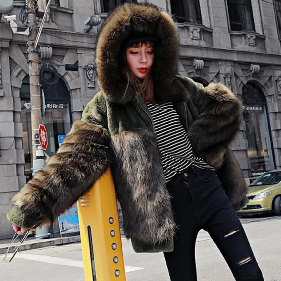 High-end faux fox fur coat female Winter fashion women's hooded fake fur coat patchwork fur warm outwear casual outwear L1676