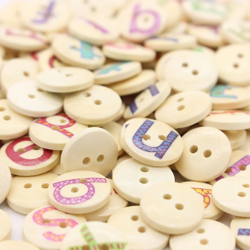 

100 Pieces Wooden Buttons Cartoon Letter Buttons For Sewing Craft 2 Holes 1.5cm Scrapbooking Randomly Mixed