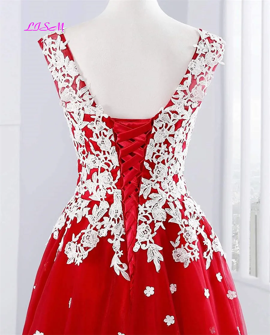 V-Neck Long Red Prom Dresses 2022 Sweet White Appliques Princess Dress Tulle 3d Flowers Evening Gowns Wedding Party Dress