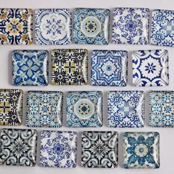20mm 25mm Random mixed Square Blue and white porcelain Glass Cabochon Flatback Photo Base DIY Jewelry Making accessory by pair