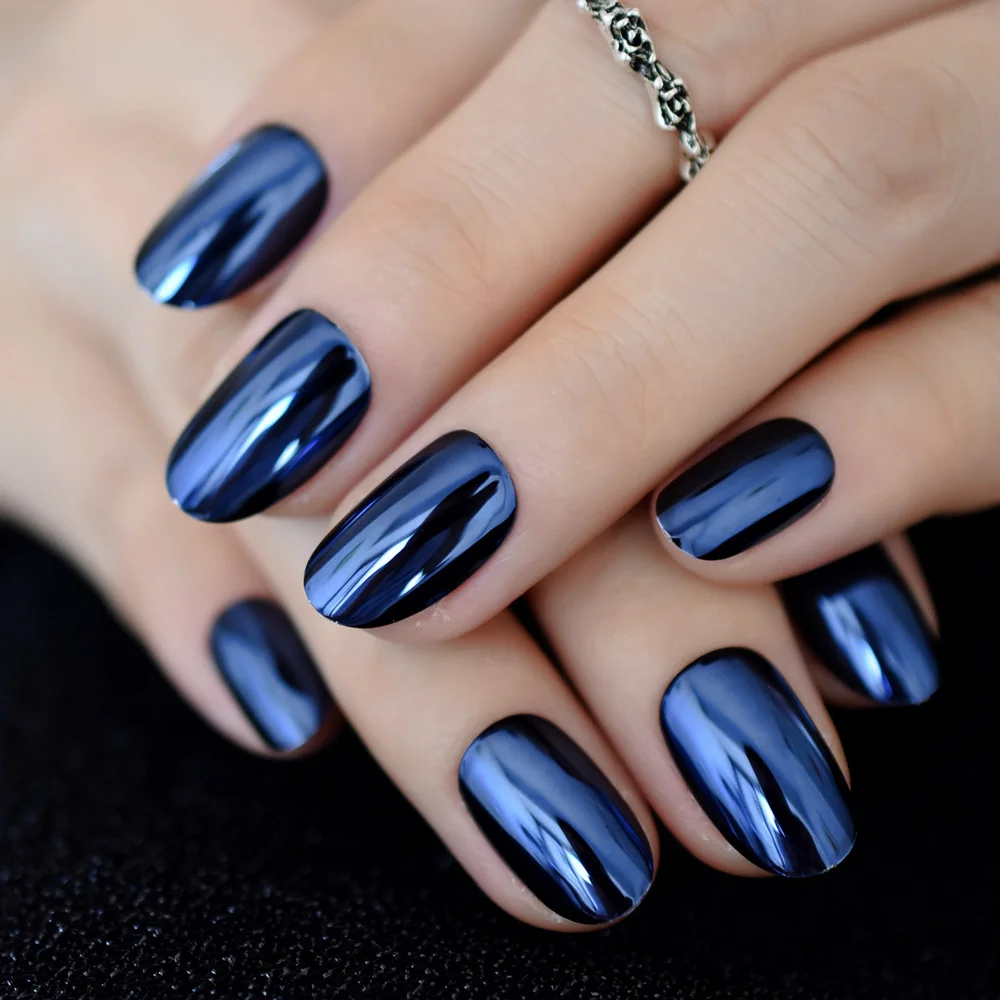 Metallic Spiegel Heldere Blauw Grijs Valse Nail Mix Blauw Metalen Ovale Ronde Nep Nagels Manicure Volledige Nails Art Tips