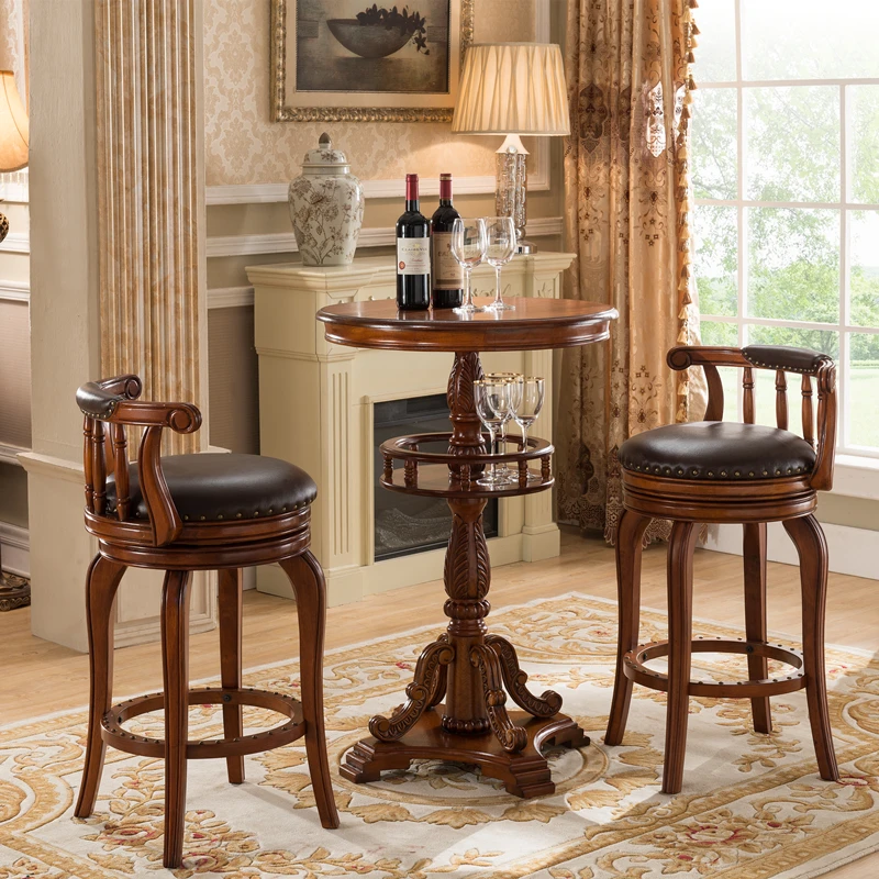 European Style Solid Wood Bar Table  American Style Carved High Table Home Round Bar Counter