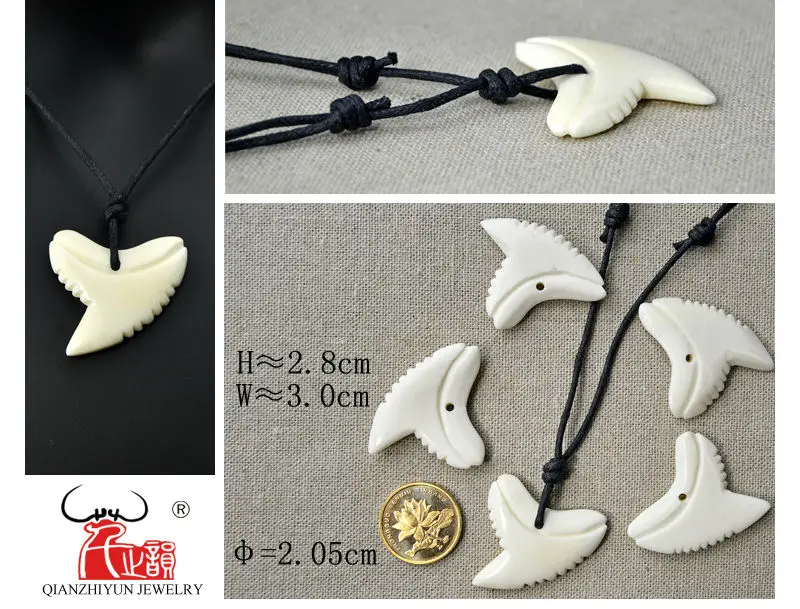 3PCSYak Handmade Carved  Bone Shark teeth Pendant Hawaii Style Bone white Beads DIY Jewelry Accessory 28mmX30mm