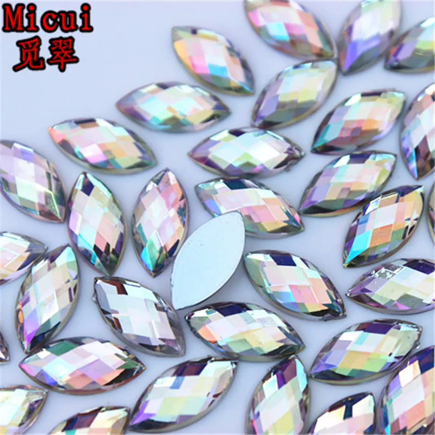 Micui 100pcs 7*15mm Horse Eye Rhinestones Flat Back Acrylic Gems Crystal Stones Non Sewing Beads for DIY Clothes MC54