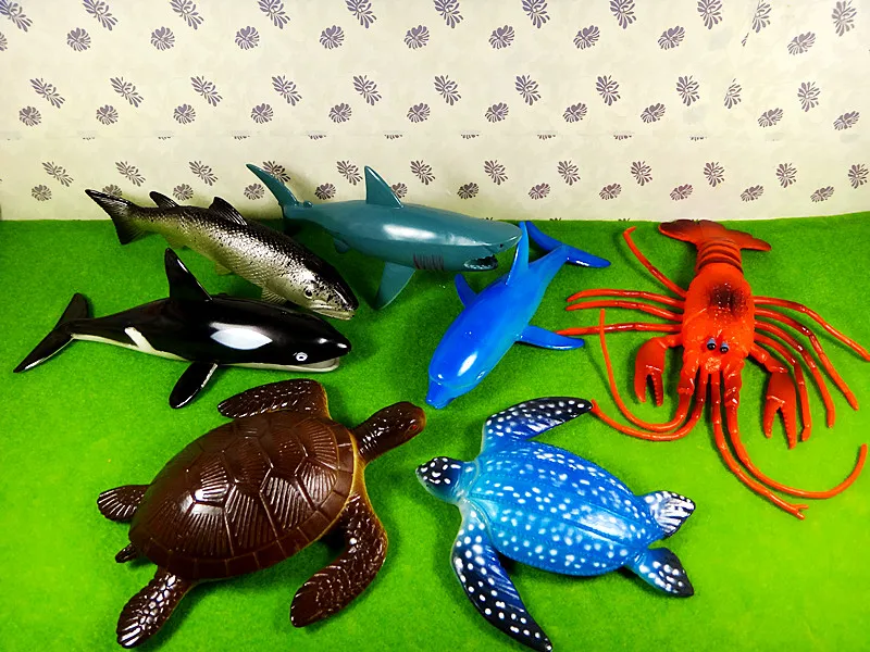 7pcs Big Size Marine Animals Model Toys Sea Life Animal 15-25cm Sea Turtles/Shark/Fish/Dolphin/Lobster Sea Life Figures Pool Toy