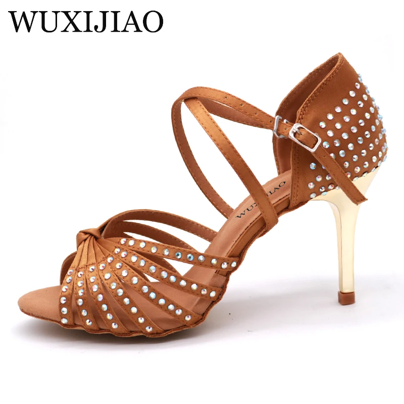 WUXIJIAO Satin Upper Rhinestones Sandals Dance Shoes Latin Ballroom Shoes Women Gold Heel 85mm Girls Dance Shoes Latin