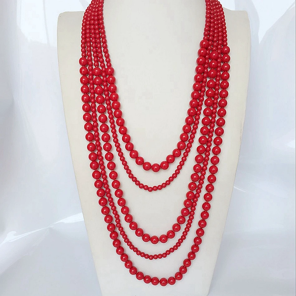 Red Fashion Statement Five Layers Acrylic Beaded Necklace For Female Girls