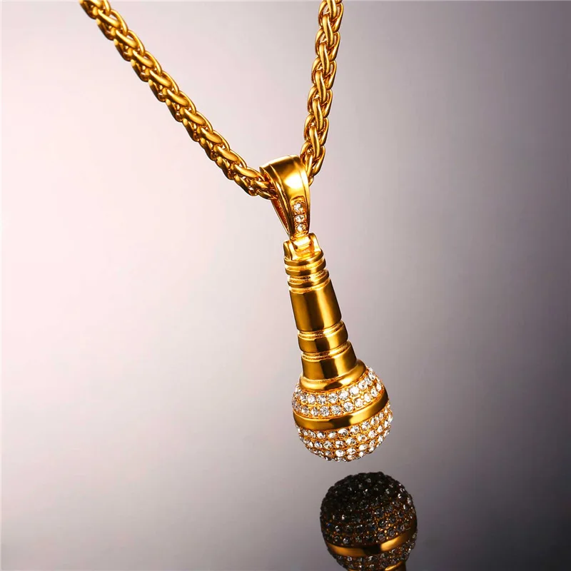 U7 Ice Out Chain Necklace Microphone Pendant Men/Women Stainless Steel Gold Color Rhinestone Best Friend Jewelry Hip Hop P1018