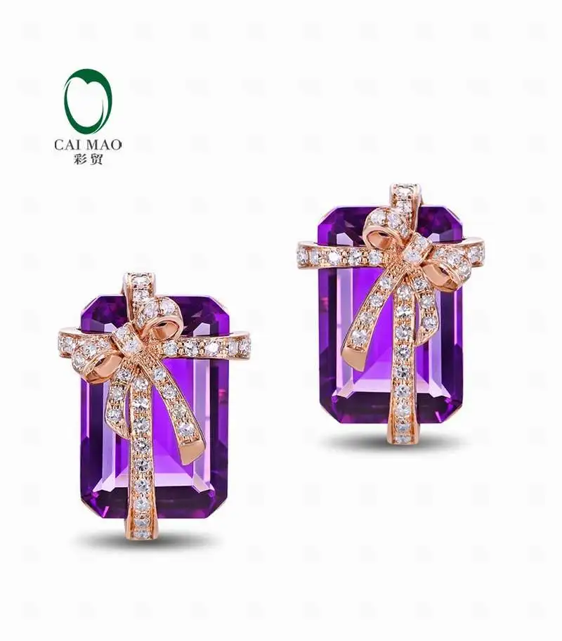 CaiMao 14KT/585 Rose Gold 10.2 ct Natural Amethyst & 0.3ct Full Cut Diamond Engagement Gemstone Earrings Jewelry