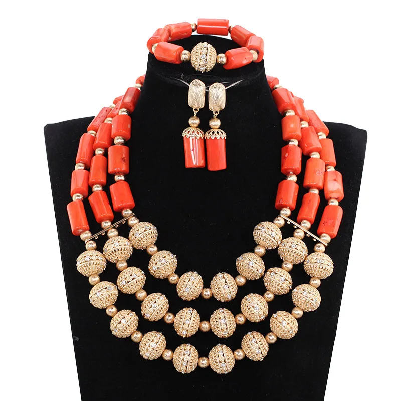 New African Nigerian Beads for Women Traditional African Wedding Original Coral Beads Jewelry Set Dubai Gold Party Bridal ABH669