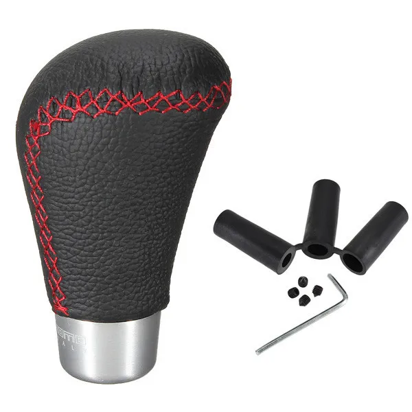 Universal Black Real Leather Red Thread Car Auto Manual Gear Shift Shifter Knob