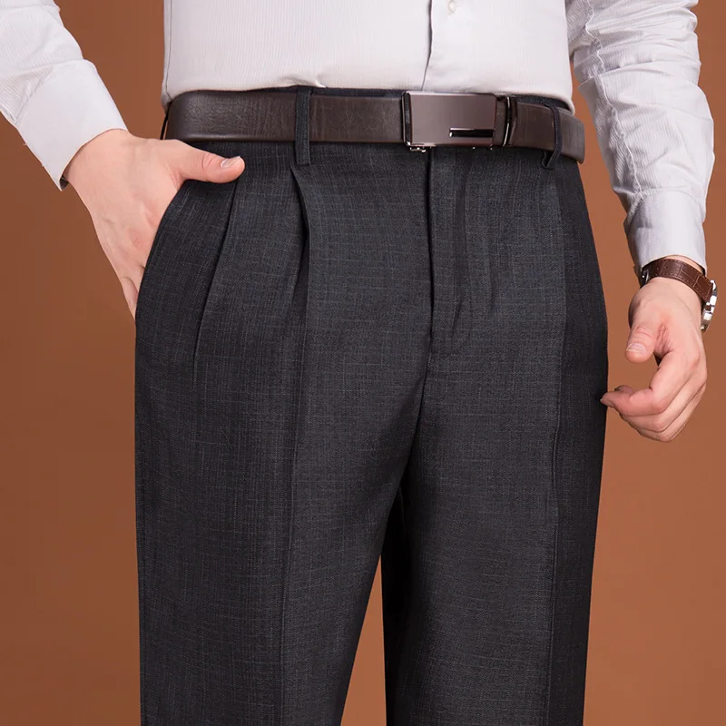 Business Casual Suit Trousers Middle-Aged Mens Suit Pants Autumn Winter Thick Double Pleated Dress Trousers Men High Waist Loose