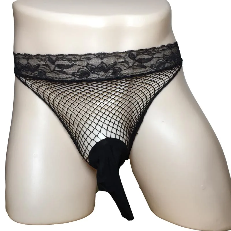 

Sexy Men Sissy Lace Trim Sheer Mesh Thong Stockings Underwear See Through Silky Cock Sheath Crossdresser Fetish Lingerie for Him