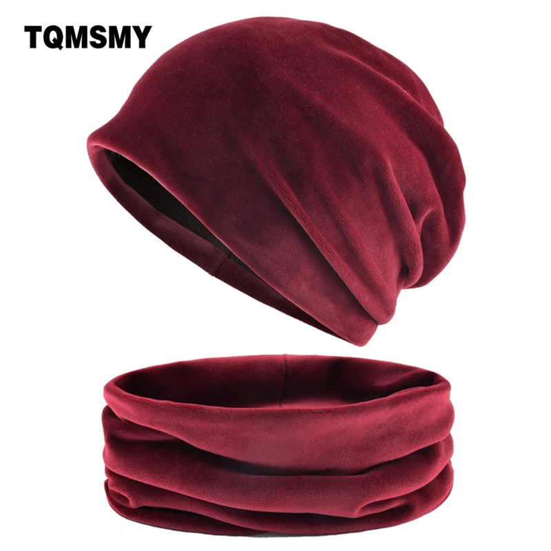 Solid color hat scarf sets Woman's Beanie Warm velvet Bonnet winter hats for women Turban cap Ladies Scarves Warm neck caps