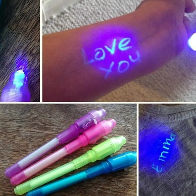 100pcs Creative Magic UV Light Pen Invisible Ink Pen Glow in the dark Pen with Built-in UV Light  included the batteries